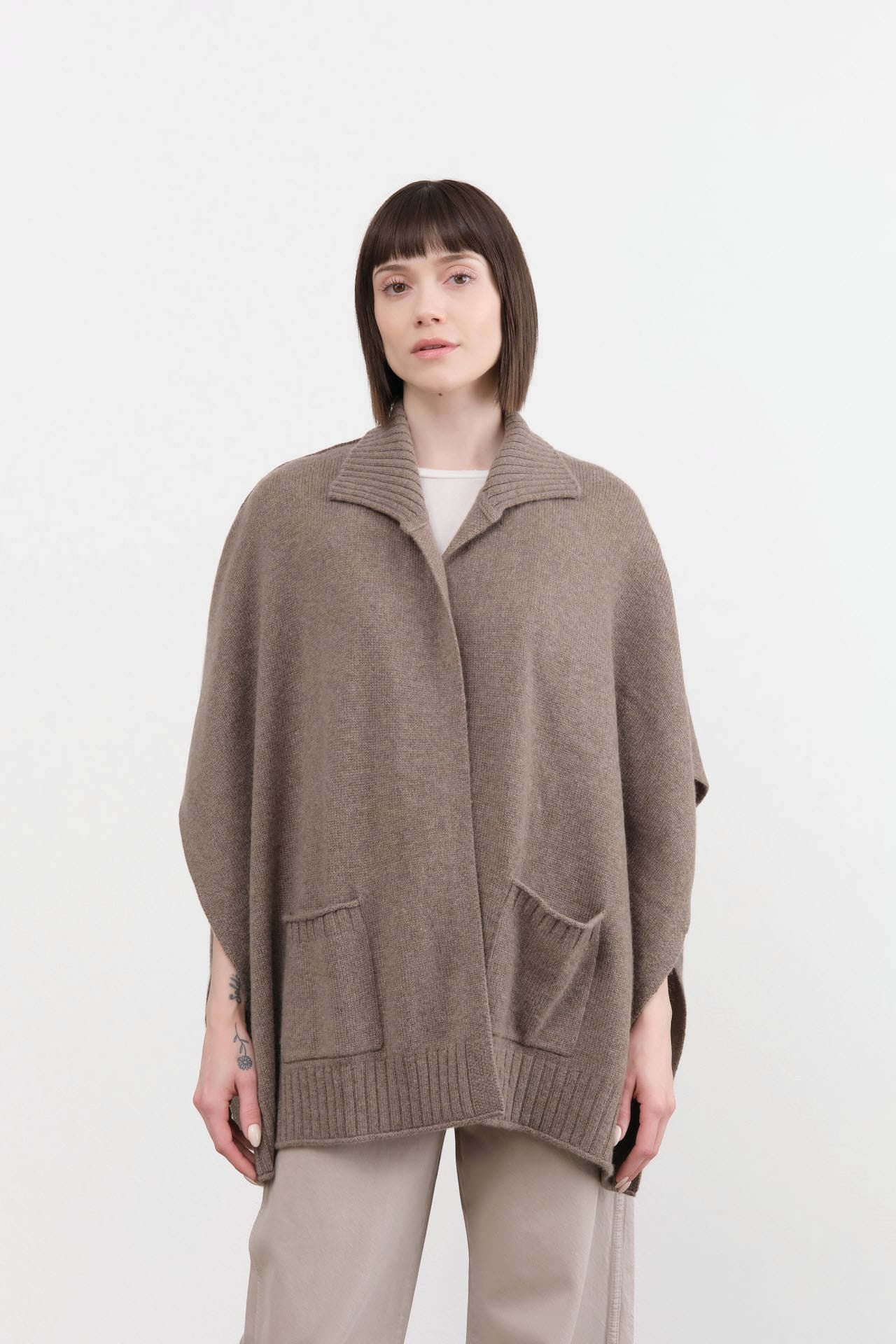 Paychi Guh Apparel Womens Sweaters Collared Wrap Caribou