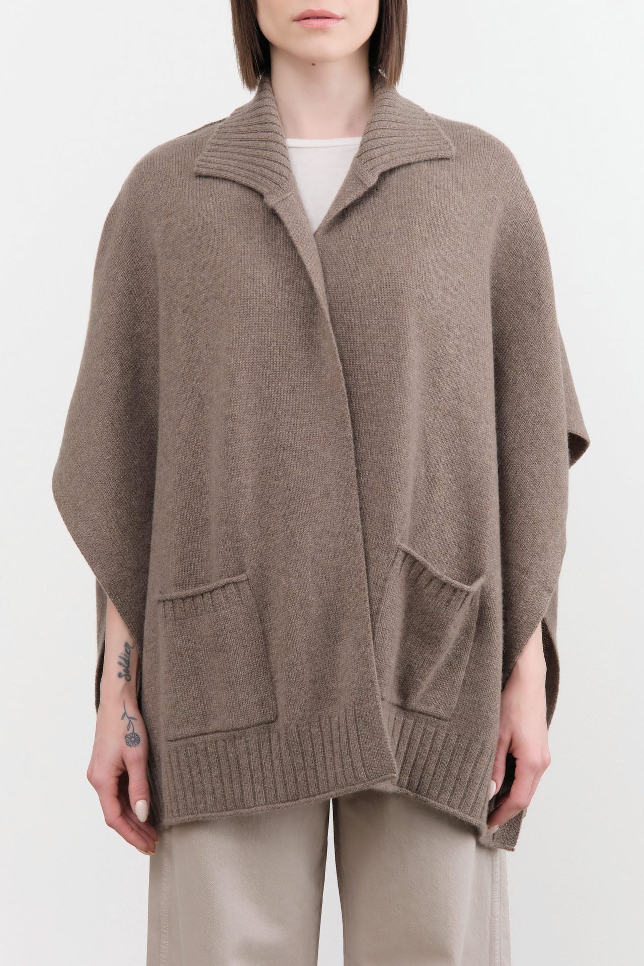 Paychi Guh Apparel Womens Sweaters Collared Wrap Caribou
