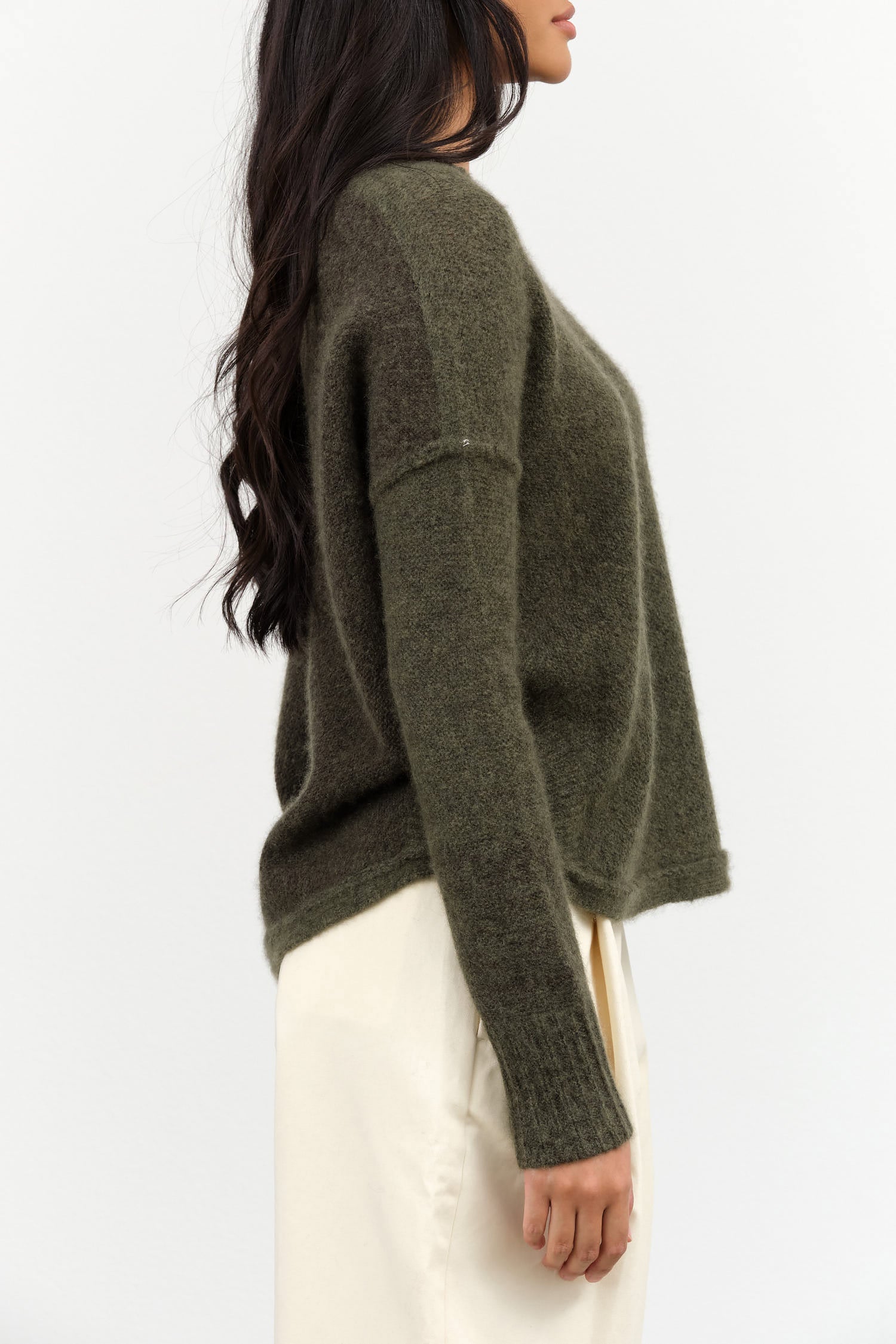 Paychi Guh Designer Brand Lightweight Cashmere Long Sleeve Dreamy Two Tone Pullover Sweater in Moss Green