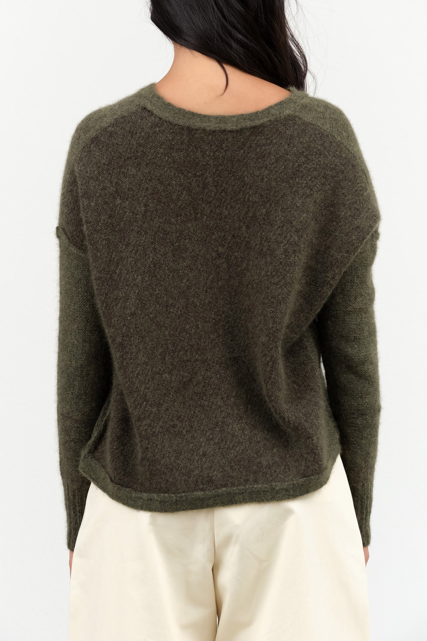 Moss Green Lightweight Cashmere Long Sleeve Dreamy Two Tone Pullover Sweater by Paychi Guh Designer Brand 