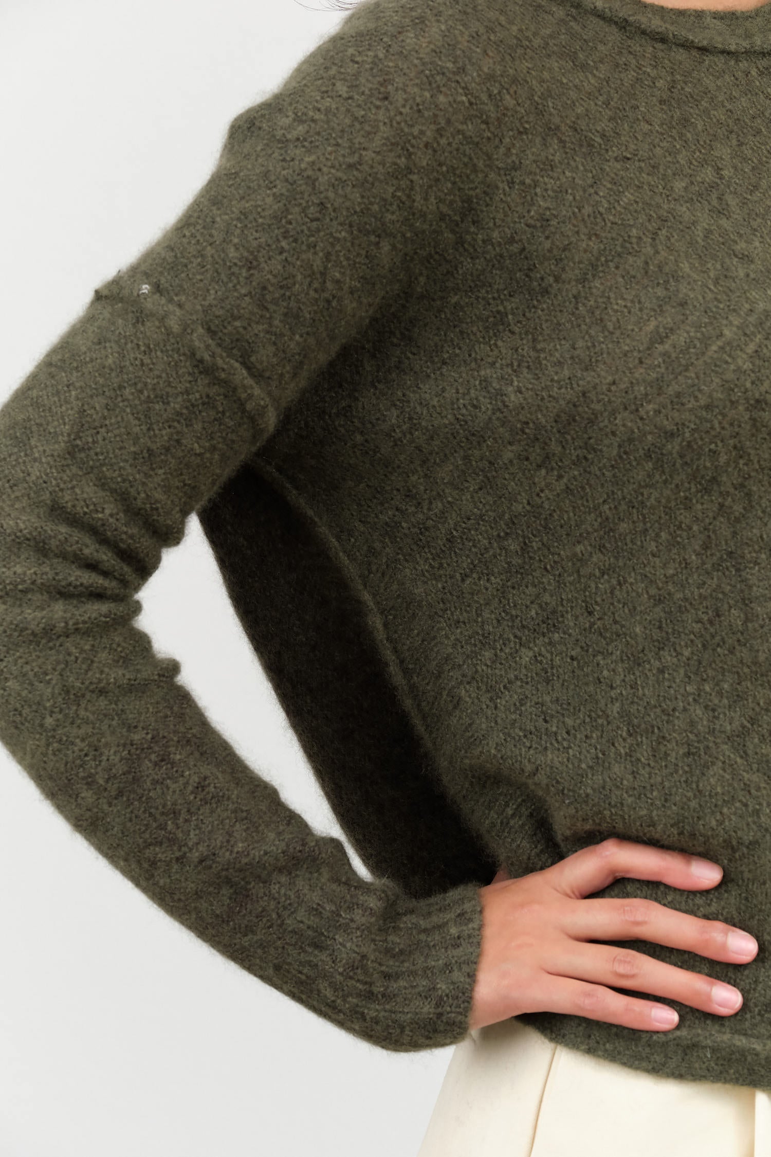 Lightweight Cashmere Long Sleeve Dreamy Two Tone Pullover Sweater in Moss Green by Paychi Guh Designer Brand 