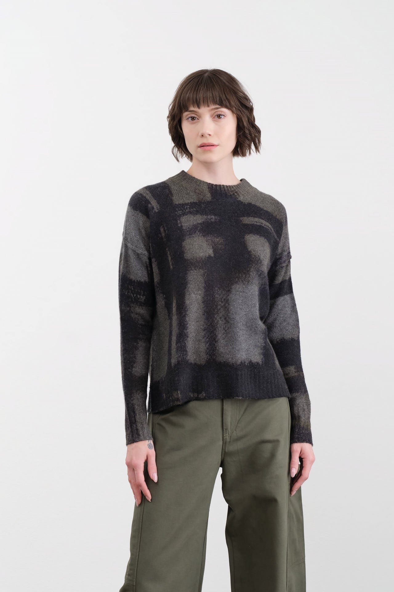 Paychi Guh Apparel Womens Sweaters Painted Plaid Crew
