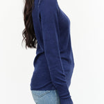 Paychi Guh Designer Brand Lightweight Cashmere Printed Crewneck Long Sleeve Sweater in Dark Blue