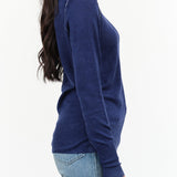 Paychi Guh Designer Brand Lightweight Cashmere Printed Crewneck Long Sleeve Sweater in Dark Blue