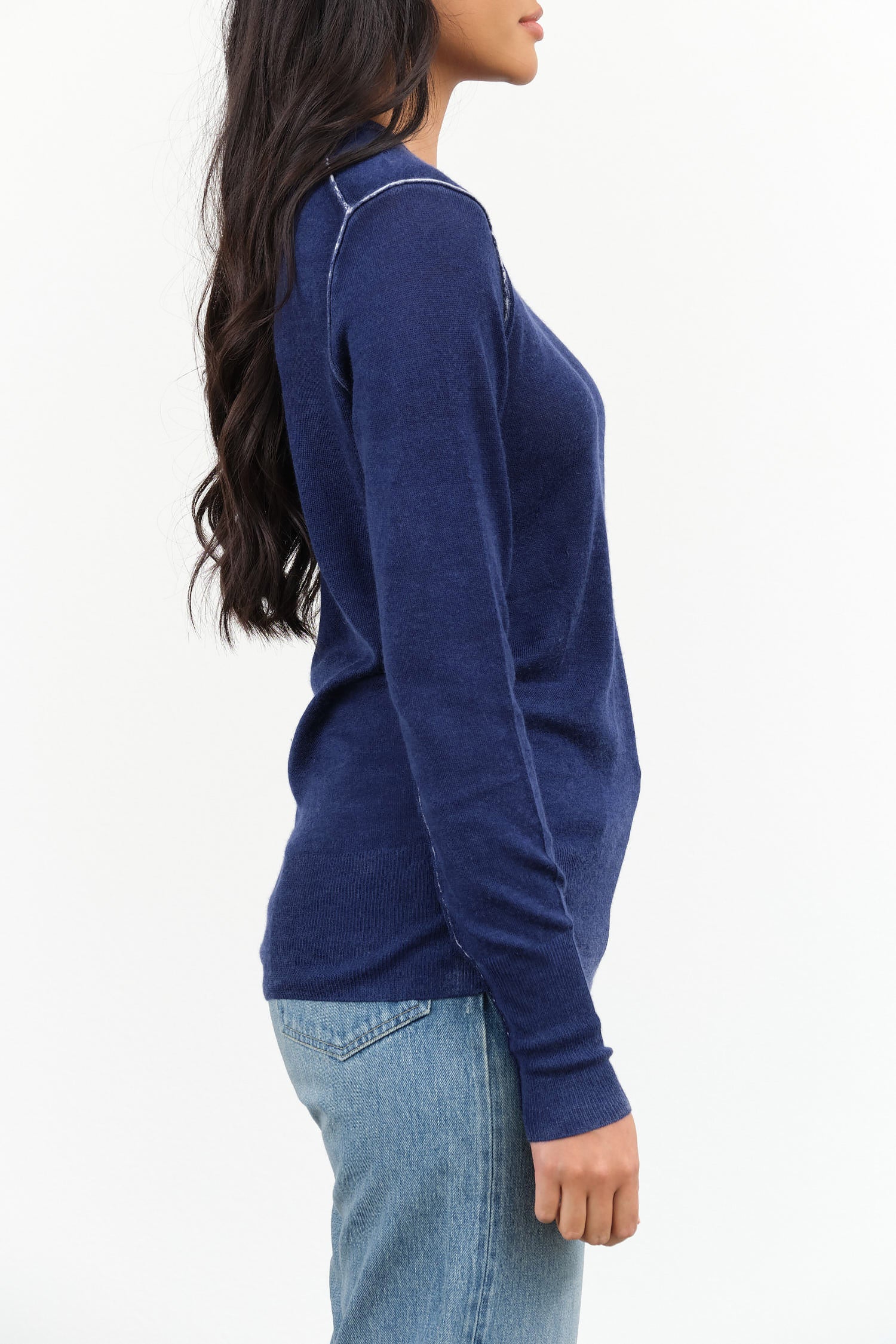 Paychi Guh Designer Brand Lightweight Cashmere Printed Crewneck Long Sleeve Sweater in Dark Blue