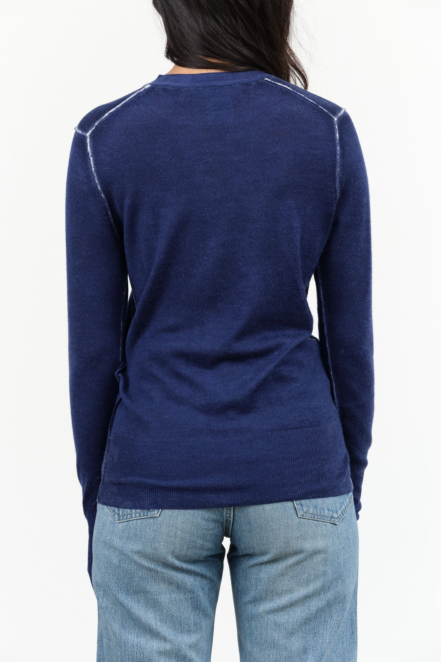 Dark Blue Lightweight Cashmere Printed Crewneck Long Sleeve Sweater by Paychi Guh Designer Brand 