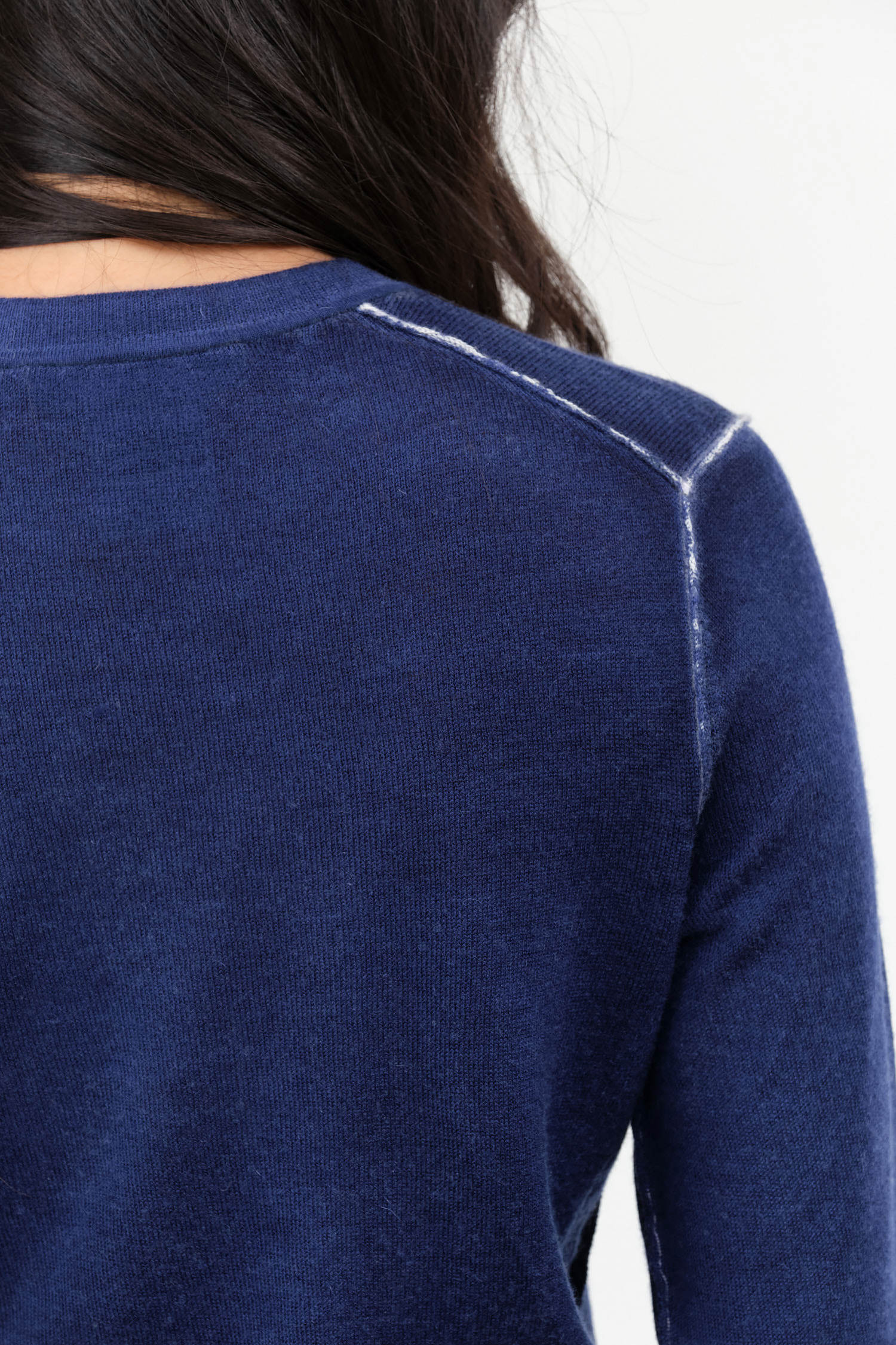 Lightweight Cashmere Printed Crewneck Long Sleeve Sweater in Dark Blue by Paychi Guh Designer Brand 