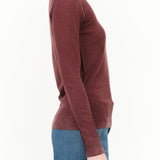 Paychi Guh Designer Brand Printed Crew Neck Long Sleeve Soft Wool Sweater with Exposed Seams in Mocha Red Brown