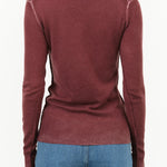 Mocha Red Brown Printed Crew Neck Long Sleeve Soft Wool Sweater with Exposed Seams by Paychi Guh Designer Brand 