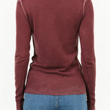 Mocha Red Brown Printed Crew Neck Long Sleeve Soft Wool Sweater with Exposed Seams by Paychi Guh Designer Brand 