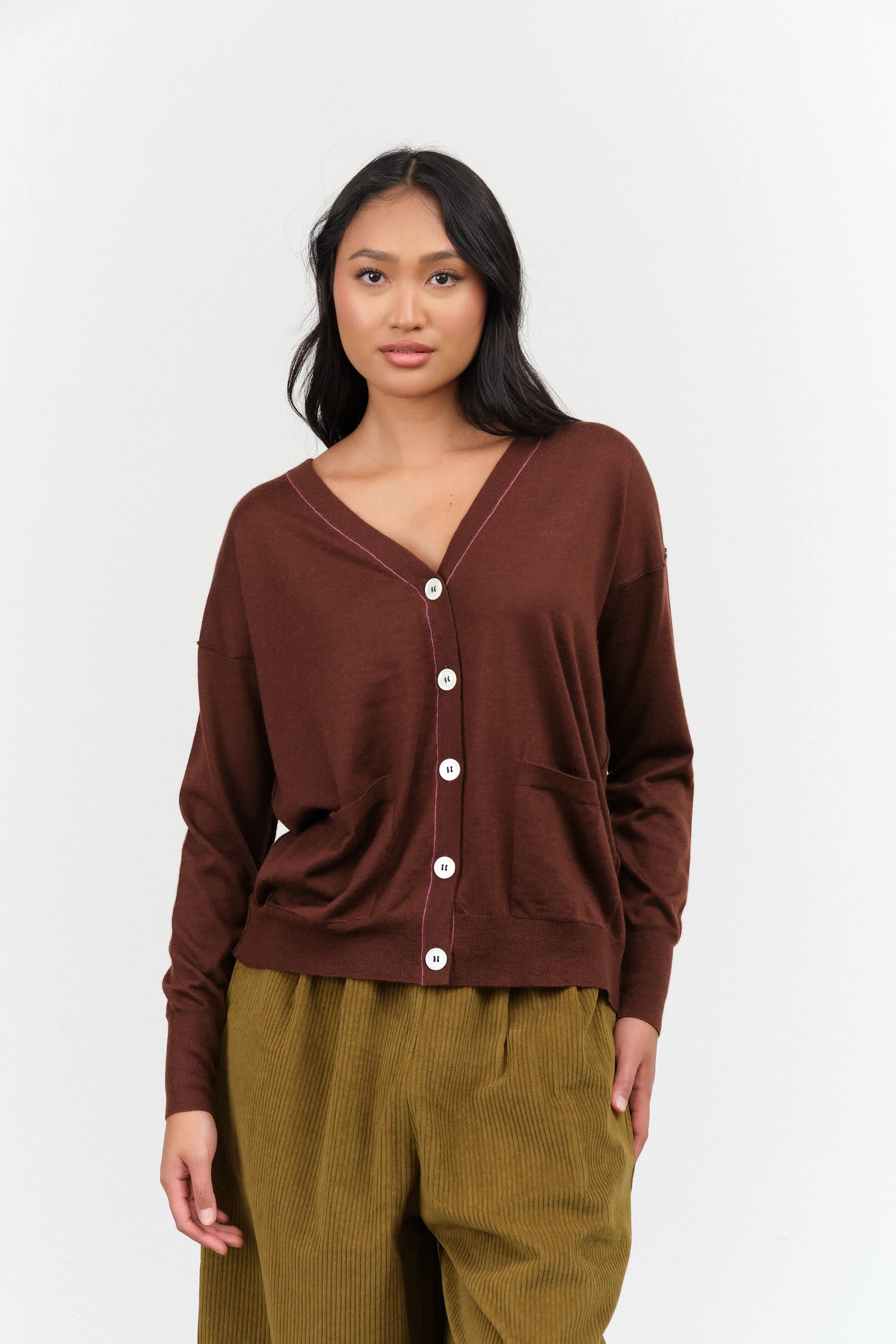 Paychi Guh Relaxed V-Neck Cardigan in Star Anise 