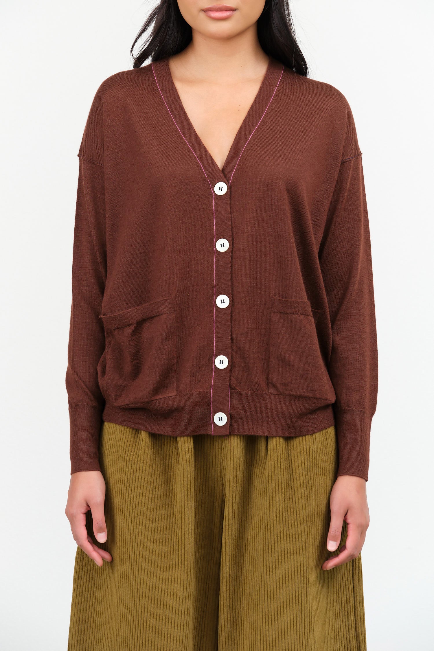 Relaxed V-Neck Cardigan by Paychi Guh in Star Anise 