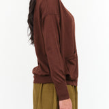 Paychi Guh Designer Brand Relaxed V-Neck Button Up Cardigan with Pockets in Star Anise Red Brick