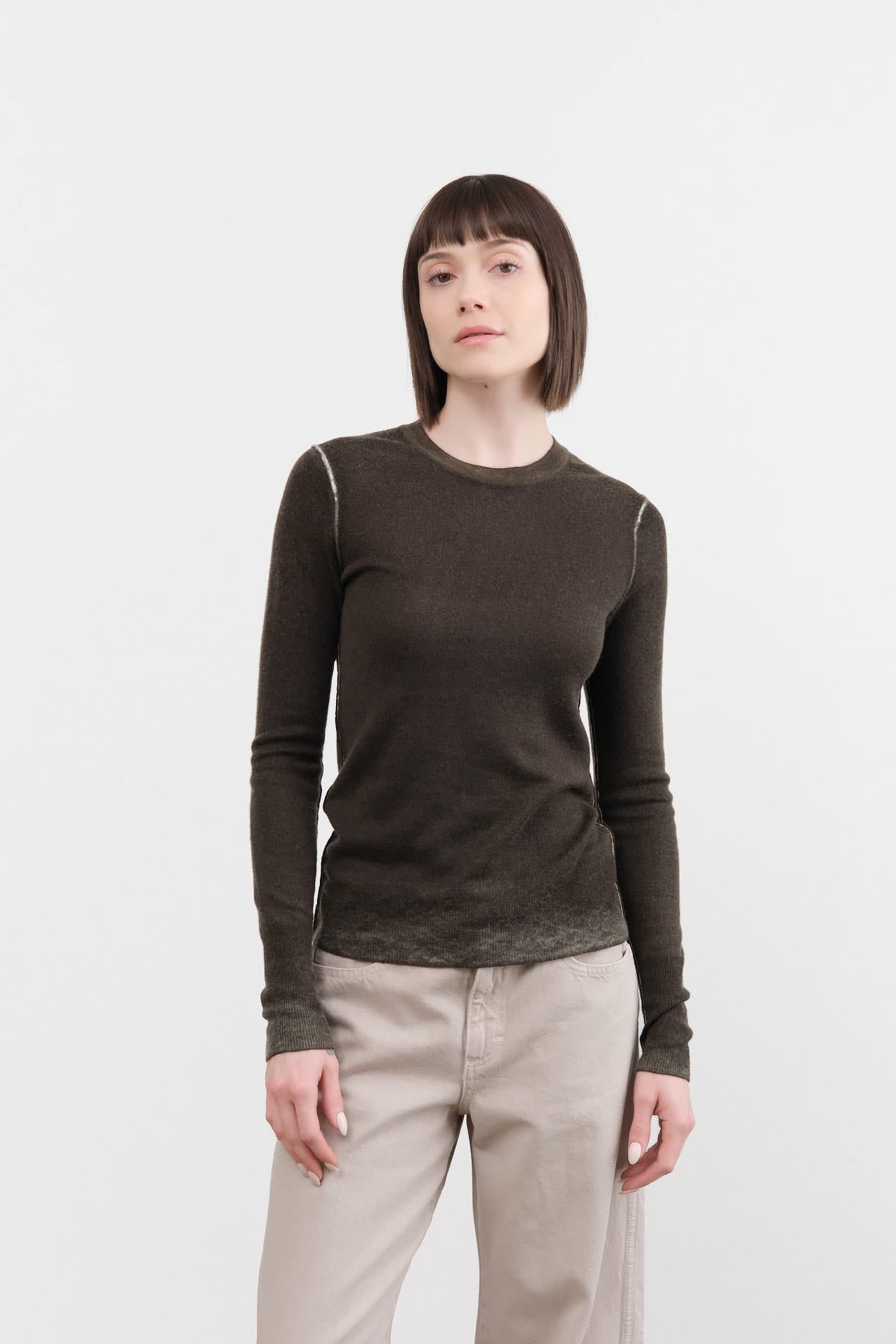 Paychi Guh Apparel Womens Sweaters Reversible Printed Crew Sweater in Black Olive