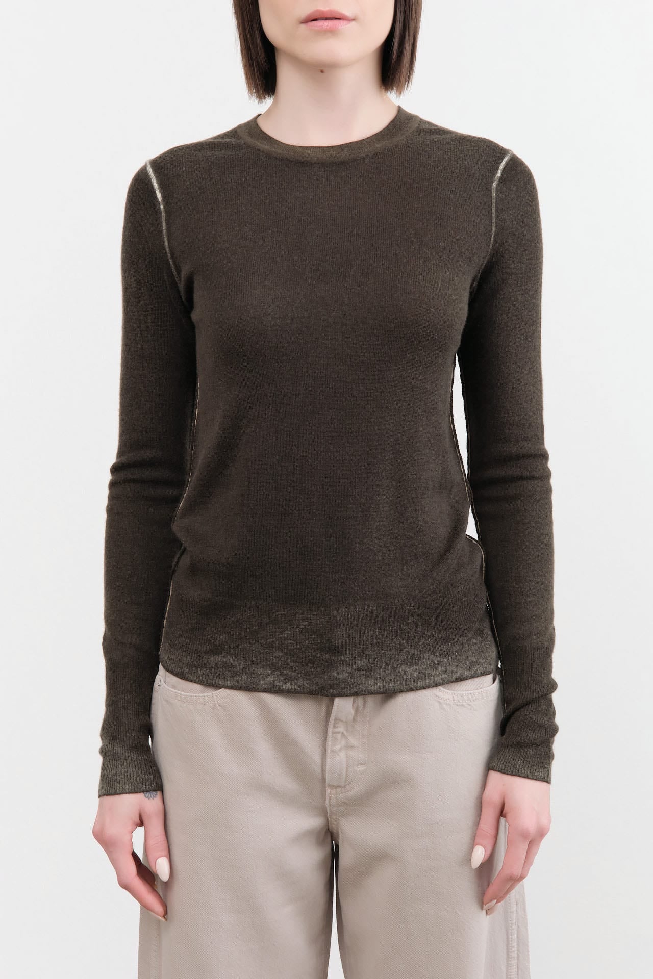 Paychi Guh Apparel Womens Sweaters Reversible Printed Crew Sweater in Black Olive