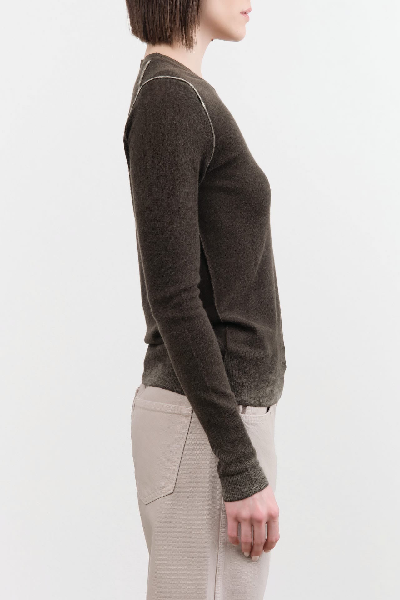 Paychi Guh Apparel Womens Sweaters Reversible Printed Crew Sweater in Black Olive