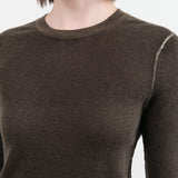 Paychi Guh Apparel Womens Sweaters Reversible Printed Crew Sweater in Black Olive