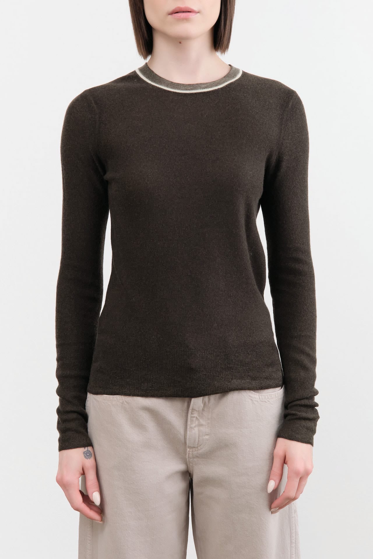 Paychi Guh Apparel Womens Sweaters Reversible Printed Crew Sweater in Black Olive
