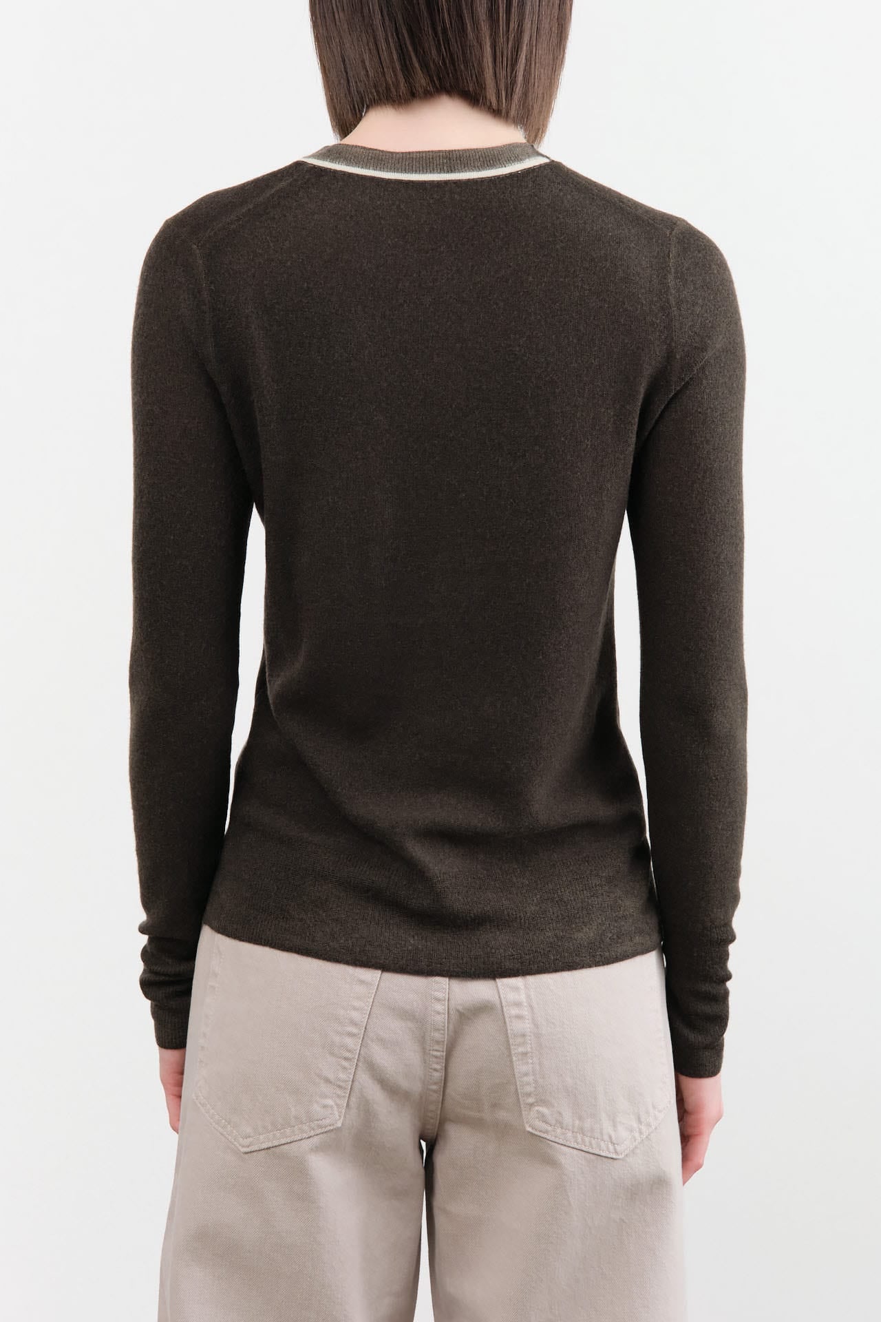 Paychi Guh Apparel Womens Sweaters Reversible Printed Crew Sweater in Black Olive