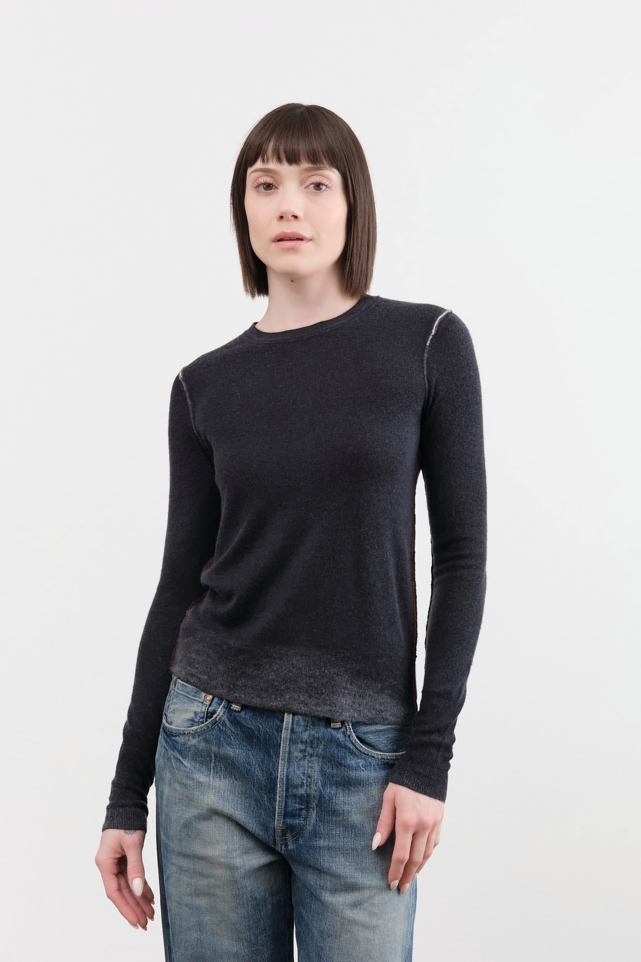 Paychi Guh Apparel Womens Sweaters Reversible Printed Crew Sweater in Off Black