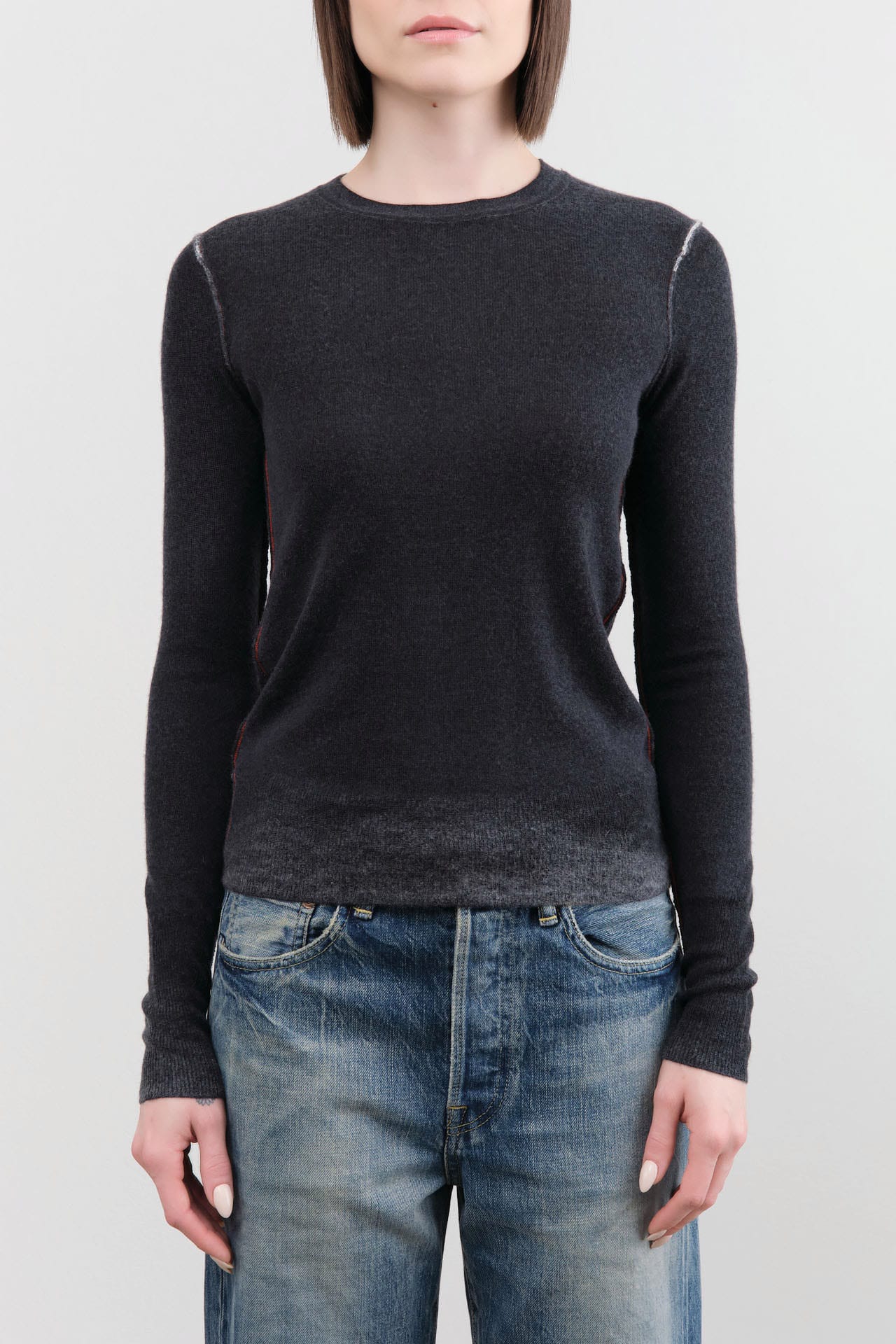Paychi Guh Apparel Womens Sweaters Reversible Printed Crew Sweater in Off Black