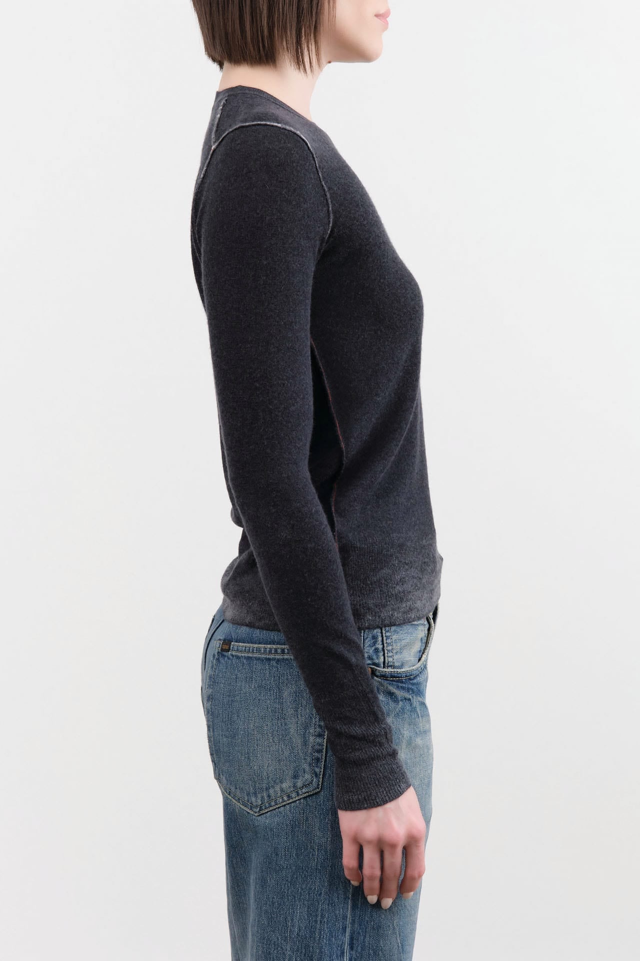 Paychi Guh Apparel Womens Sweaters Reversible Printed Crew Sweater in Off Black