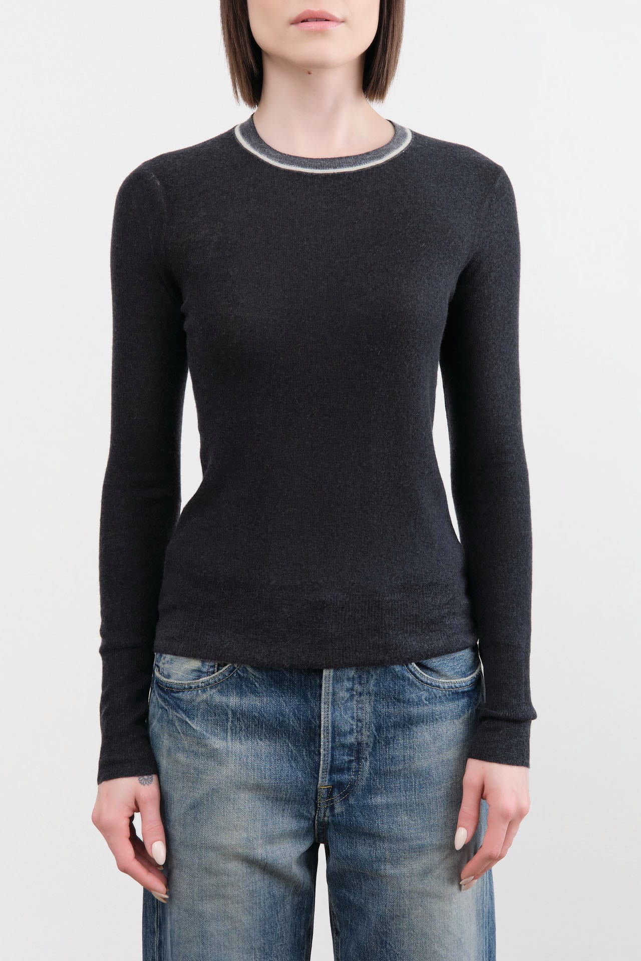 Paychi Guh Apparel Womens Sweaters Reversible Printed Crew Sweater in Off Black