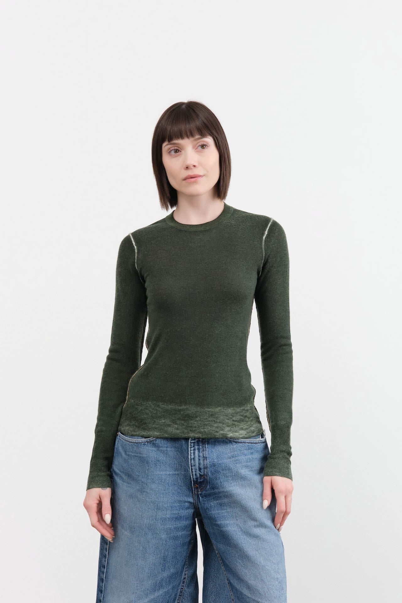 Paychi Guh Apparel Womens Sweaters Reversible Printed Crew Sweater in Pine Green