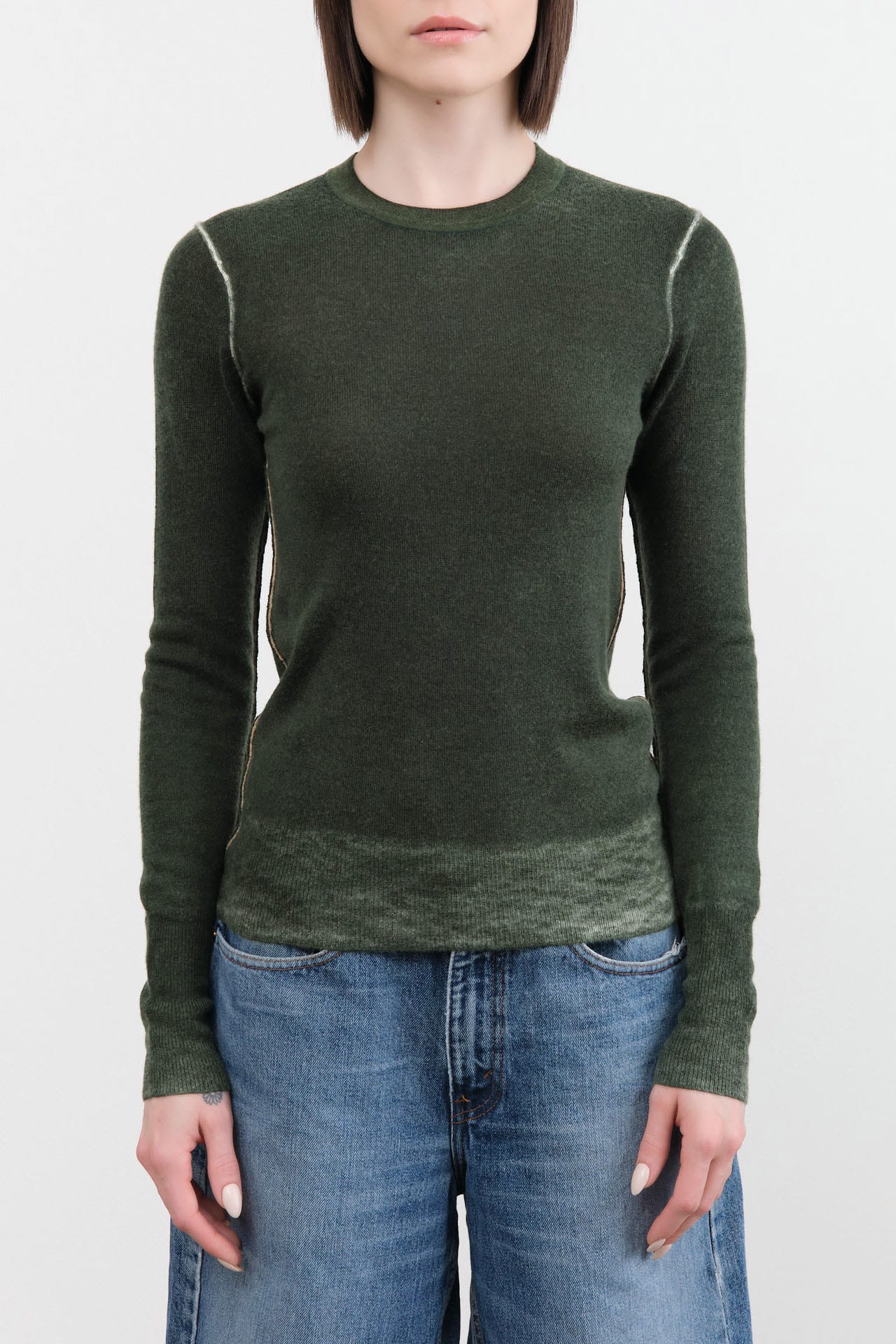 Paychi Guh Apparel Womens Sweaters Reversible Printed Crew Sweater in Pine Green