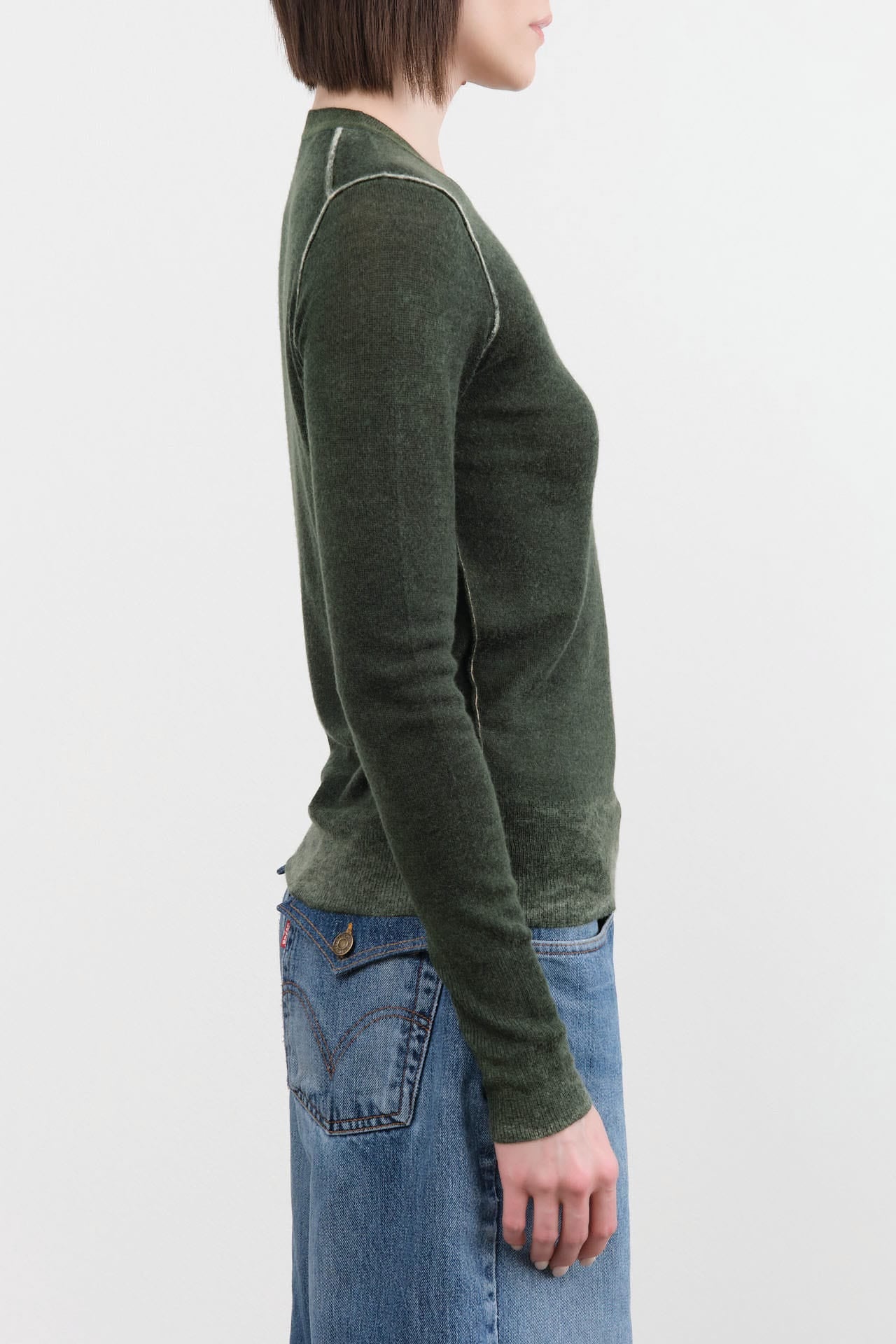 Paychi Guh Apparel Womens Sweaters Reversible Printed Crew Sweater in Pine Green