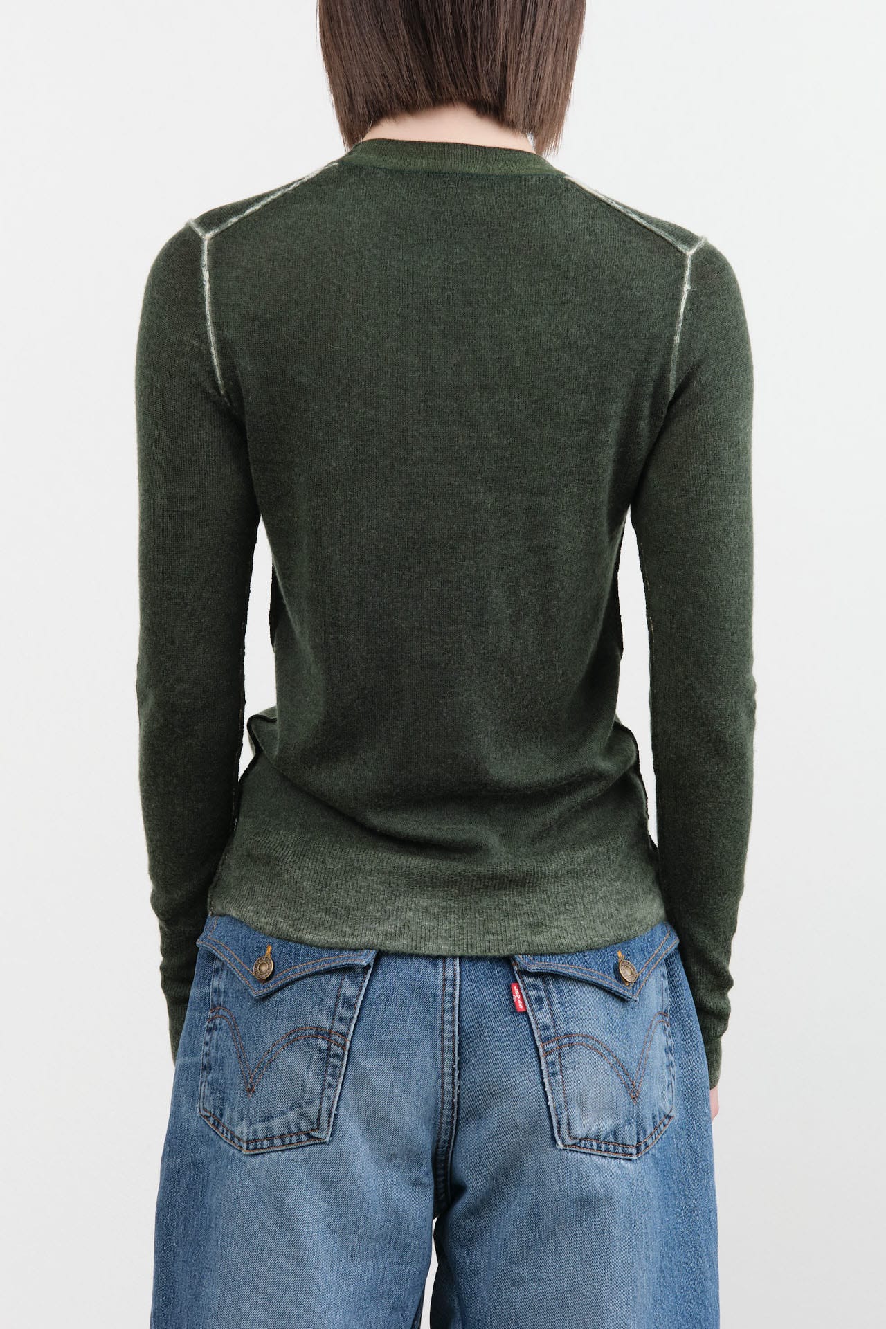 Paychi Guh Apparel Womens Sweaters Reversible Printed Crew Sweater in Pine Green