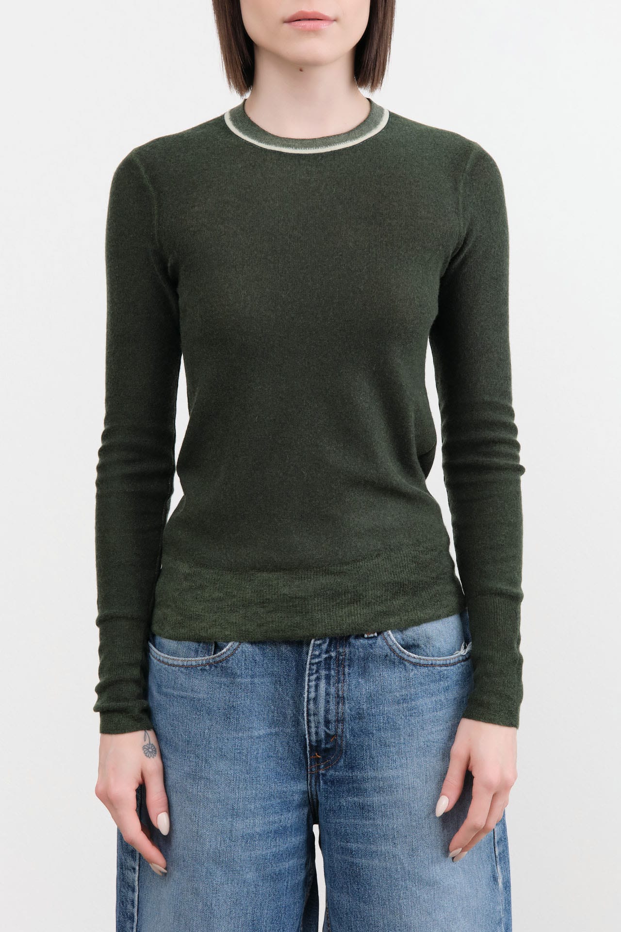 Paychi Guh Apparel Womens Sweaters Reversible Printed Crew Sweater in Pine Green