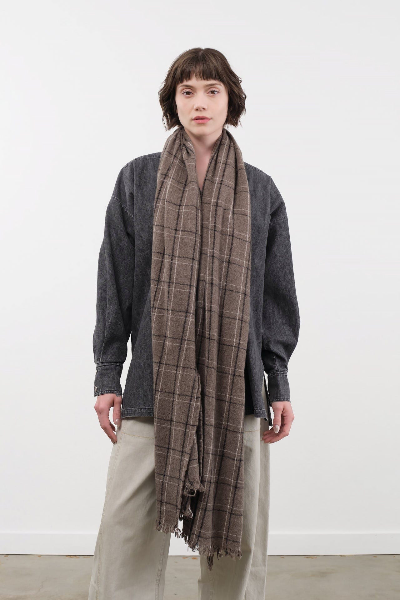 Private 0204 Accessories Scarves 650 Quadro Cashmere Scarf Plaid Cafe Grey / One Size