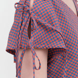 Sleeve Tie Puckered Amphora Summer Picnic Dress in Gingham Purple by Designer Proche