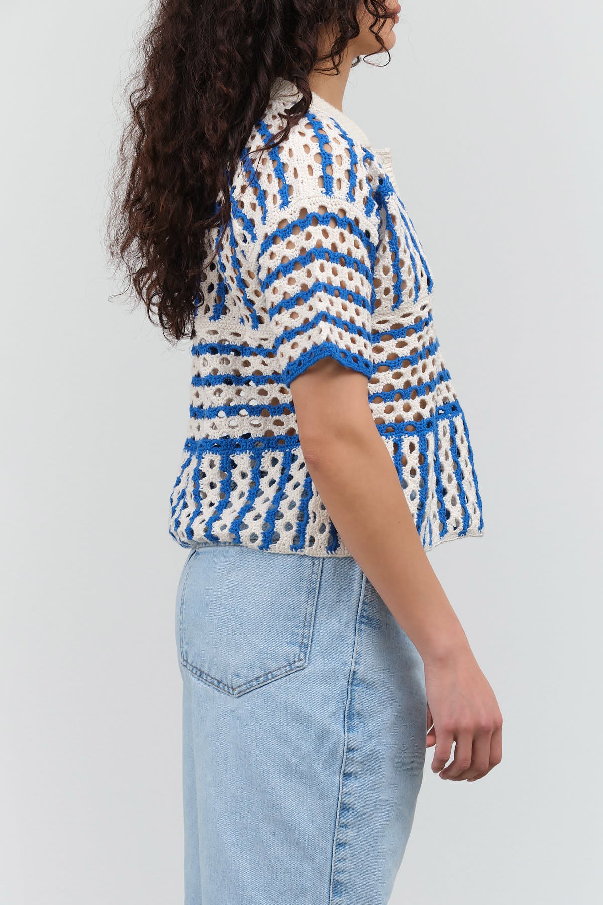 Side view of Striped Crochet Polo