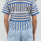 Proche Striped Crochet Button Up Short Sleeve Polo in Cerulean Blue and White