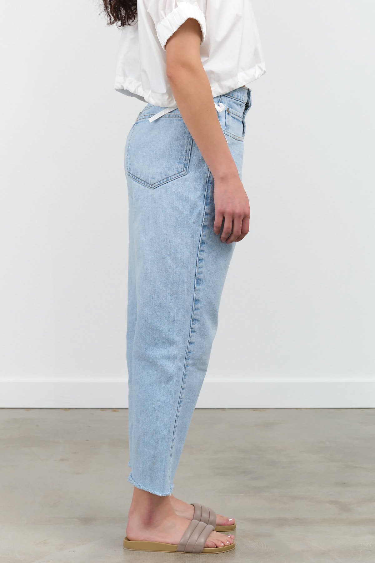 Side view of Upcycled Front Pleat Denim