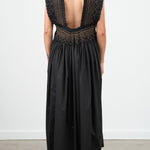 Designer Rachel Comey Adira Maxi Dress with Cut Out Back in Black and Gold Stitching