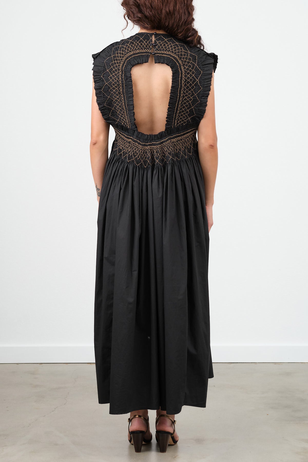 Designer Rachel Comey Adira Maxi Dress with Cut Out Back in Black and Gold Stitching