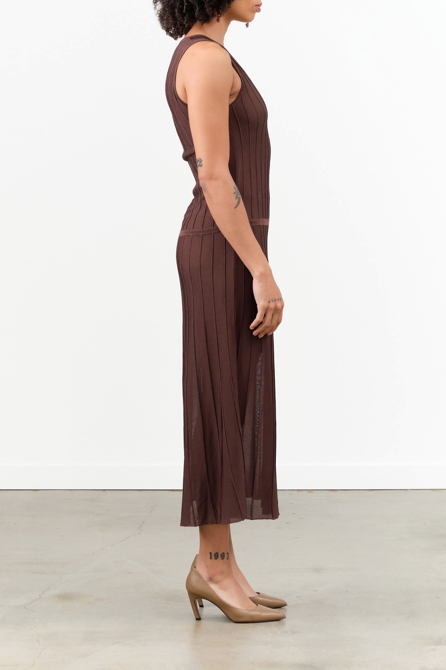 Rachel Comey Designer Brand Sheer Sleeveless Midi Allegre Dress in Bark Brown 