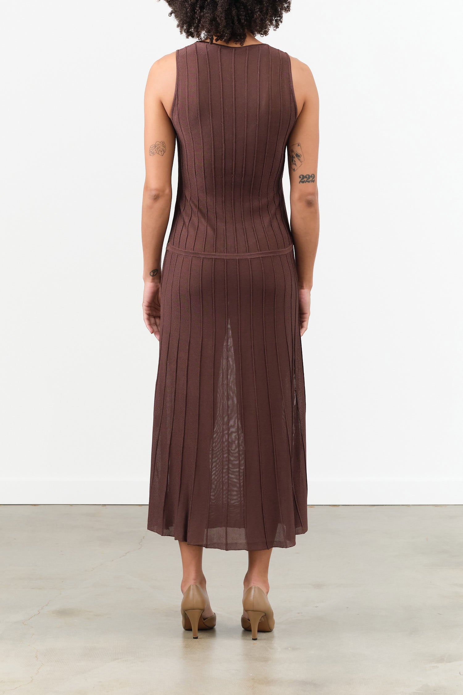 Sheer Sleeveless Midi Allegre Dress in Bark Brown Rachel Comey Designer Brand