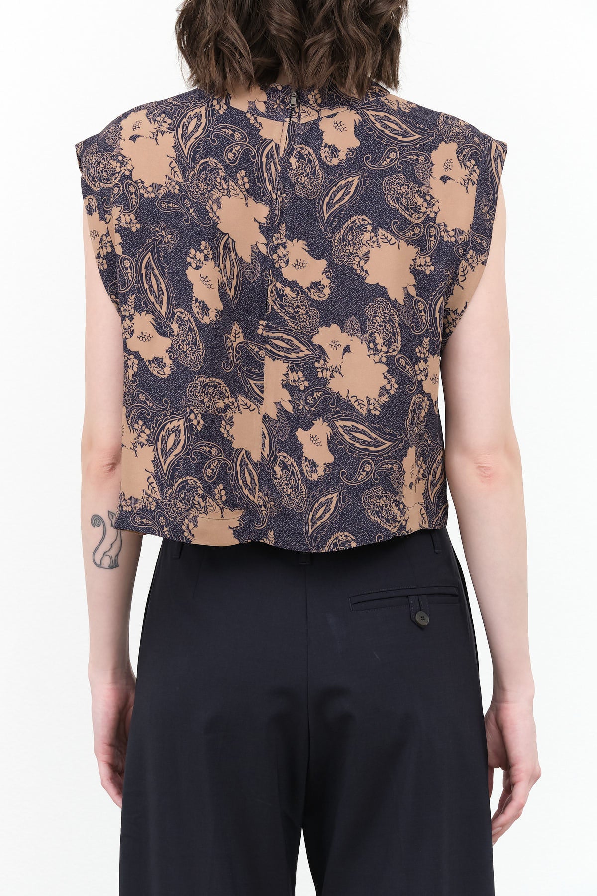 Cropped Sleeveless Bacchus Work Top in Black and Yellow Cero Print by Designer Rachel Comey