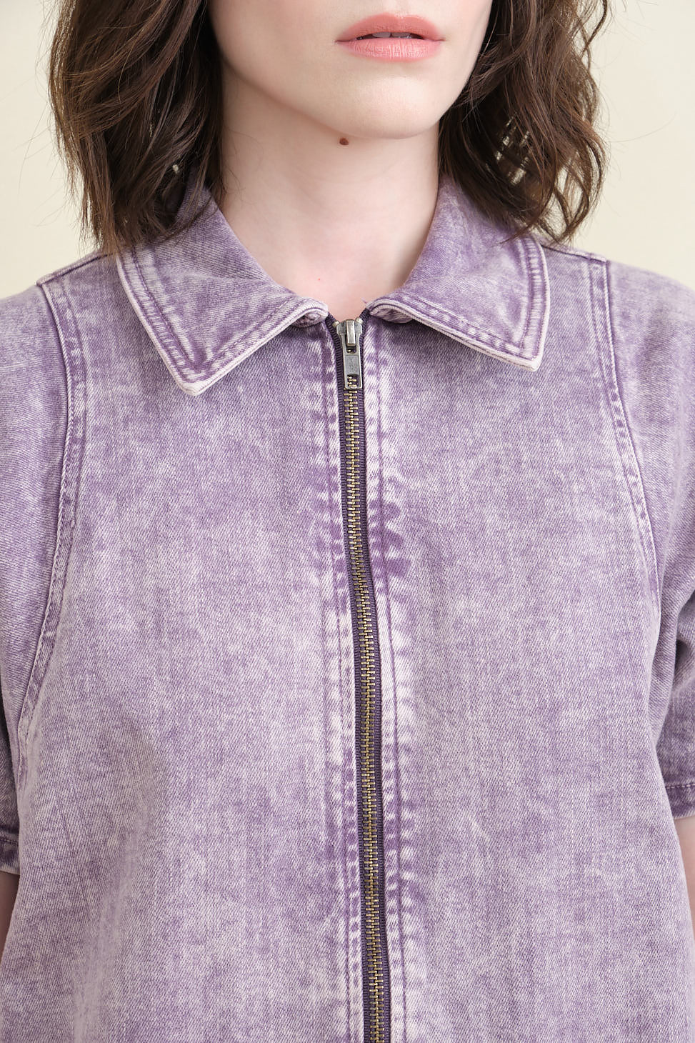 Zip and collar on Barrie Jumpsuit in Lilac