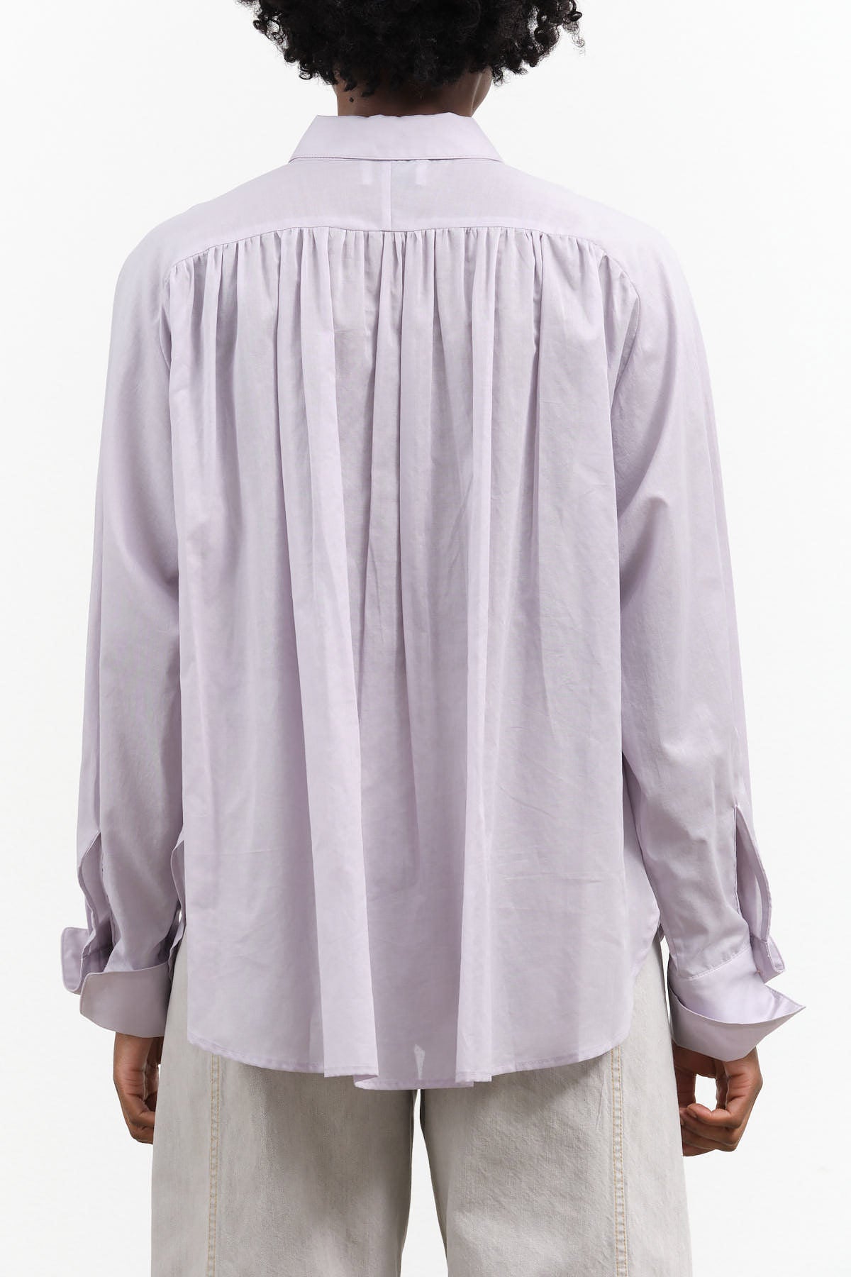 Becker Top Blouse by Rachel Comey in Light Purple Lavender Mauve with Button Cuffs Button Up Front and Curved Hem