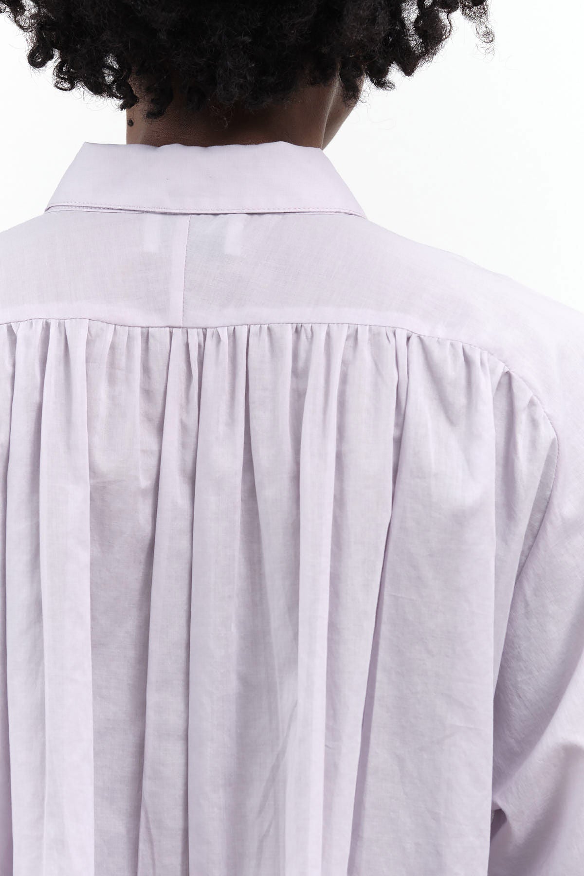 Rachel Comey Button Up Collared Blouse Becker Top with Gathered Back Yoke in Light Purple Lavender Mauve Color