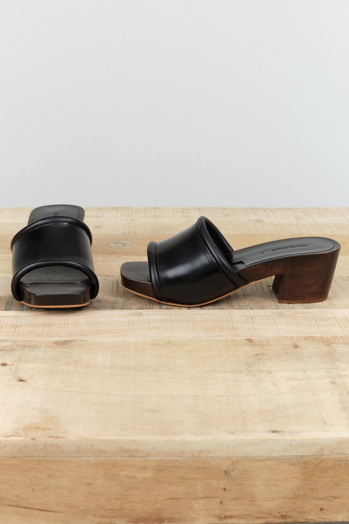 Rachel Comey Black Wide Strap Leather Ciro Clog with Wooden Heel