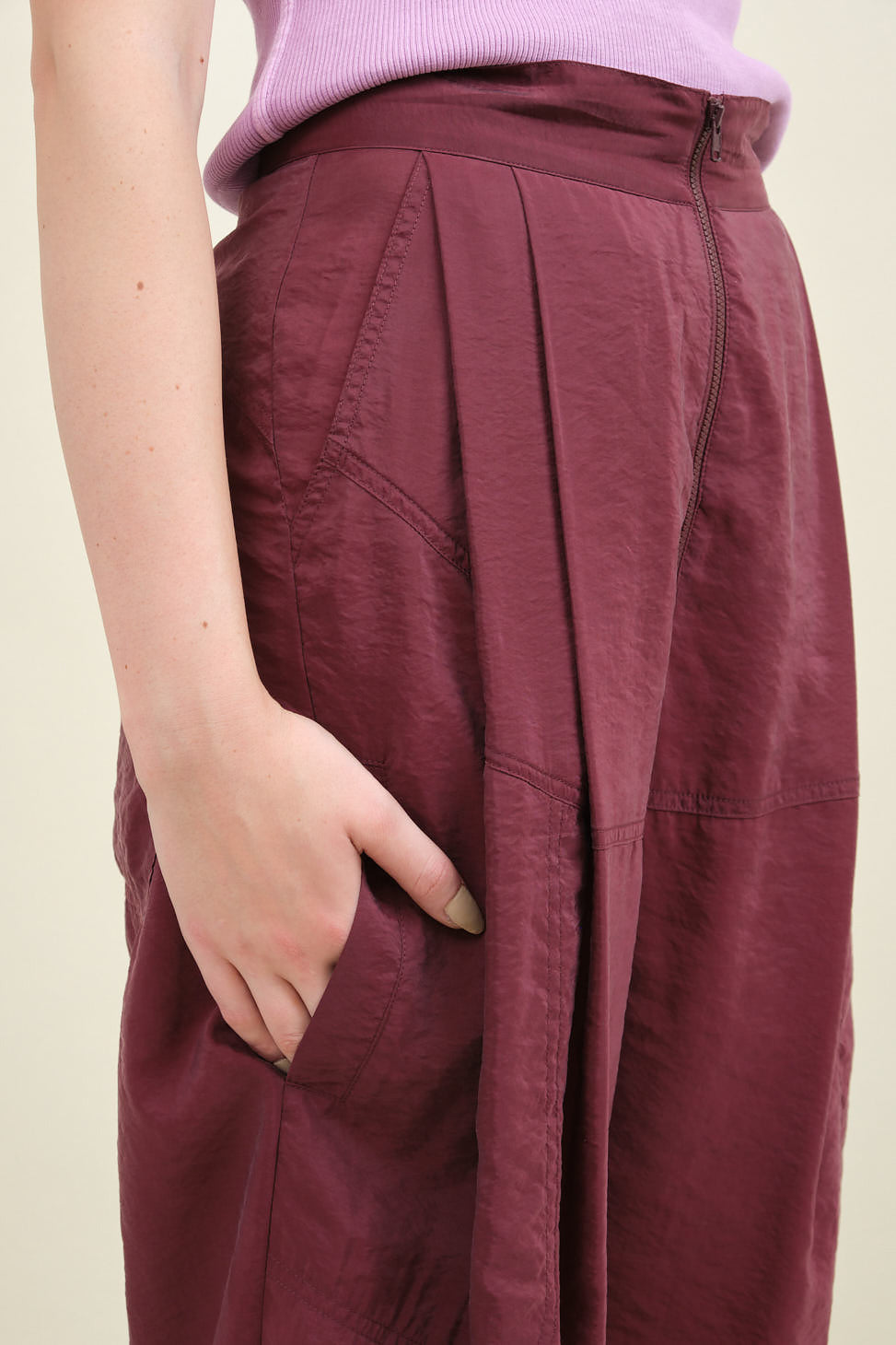 Lower pocket on Dini Pant in Maroon