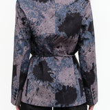 Rachel Comey Designer Brand Charcoal and Purple Abstract Print Long Sleeve Ida Blazer with Fold Over Lapel and Waist Tie