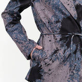 Long Sleeve Ida Blazer with Fold Over Lapel and Waist Tie in Charcoal and Purple Abstract by Rachel Comey Designer Brand