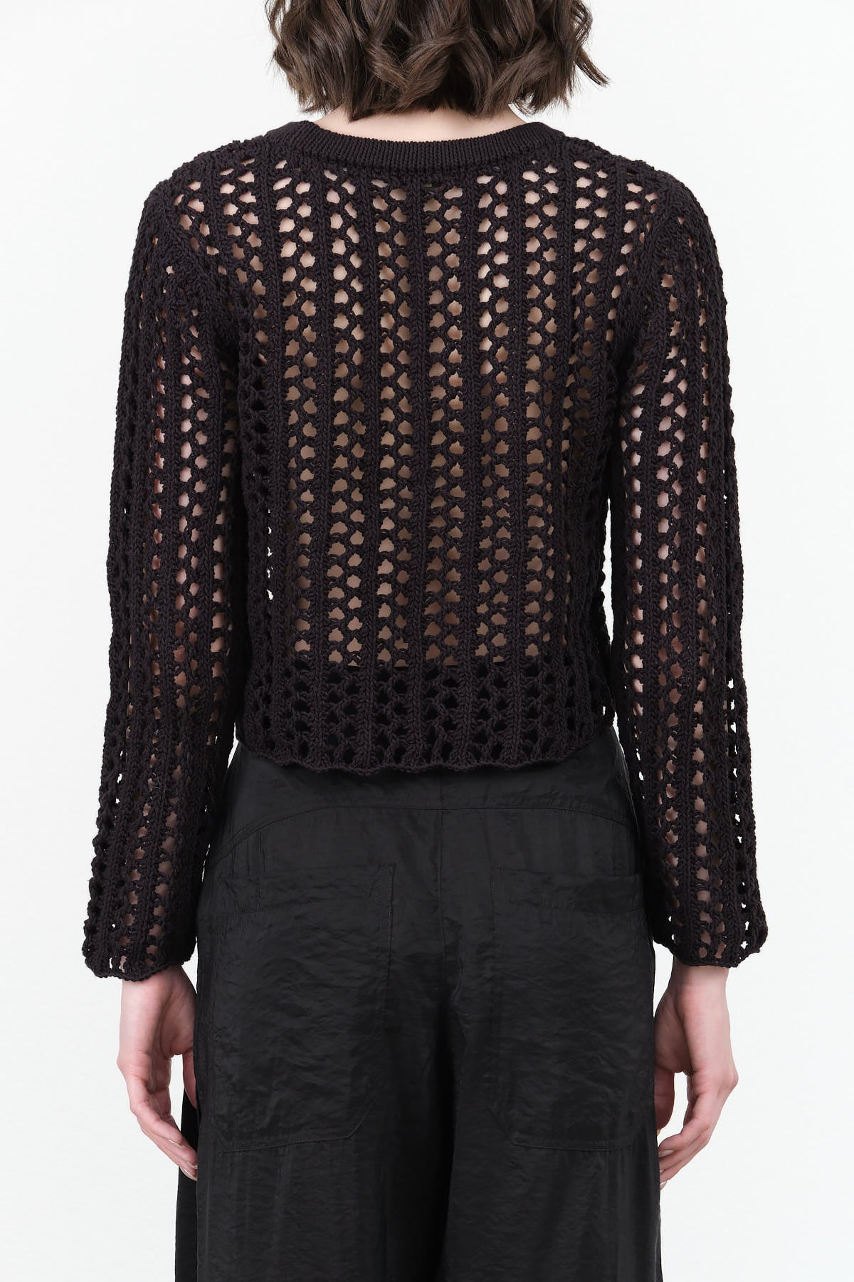 Black Long Sleeve Open Knit Crop Sweater Micah Top from Rachel Comey